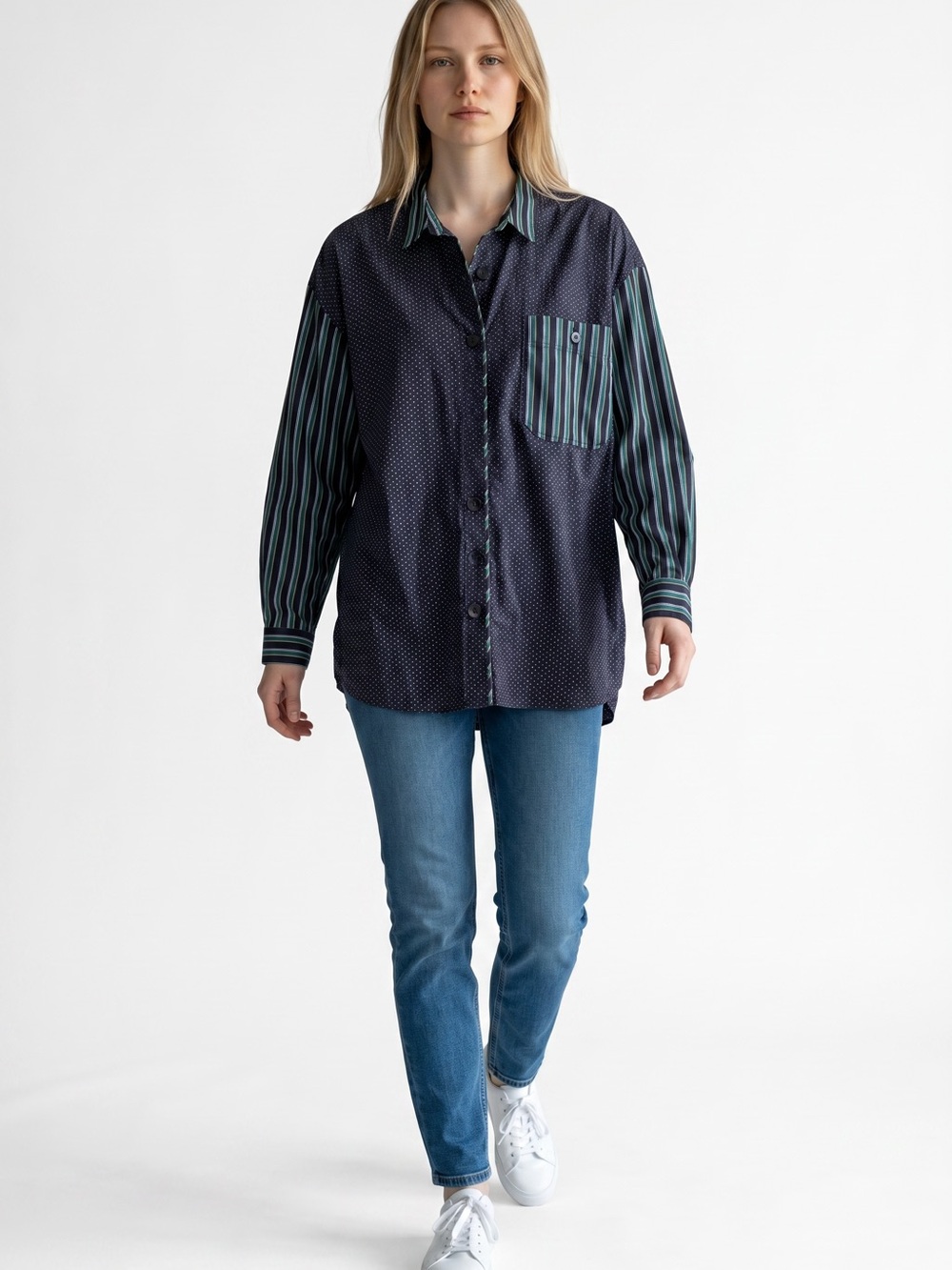 Free People Navy Shirt with Green White and Gold Stripe Details